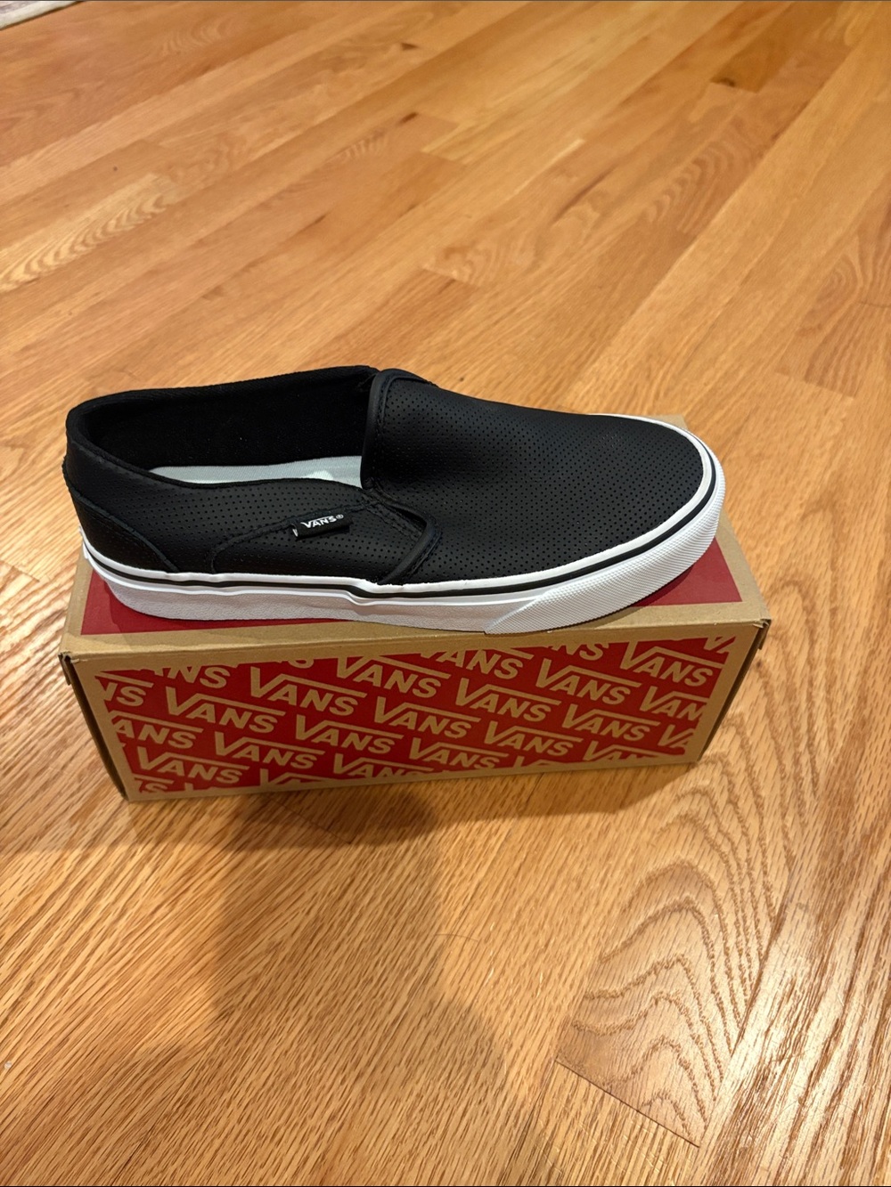Vans Black Performance Leather Classic Slip-On Sneakers with White Sole - Picture 5 of 6